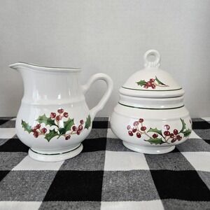 VTG SANGO‎ "White Christmas" Holly Pattern Creamer and Sugar Bowl w/Lid